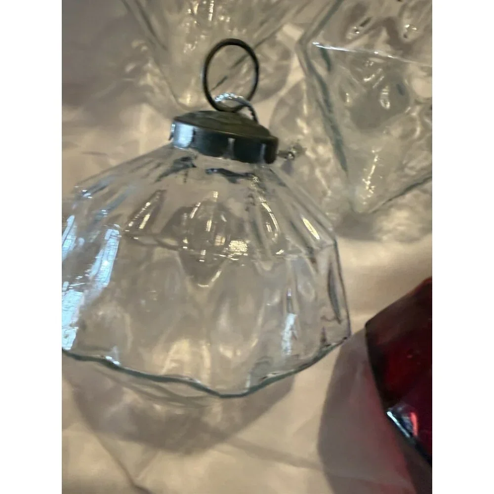 6 Restoration Hardware Handblown 3 Red Octagon Art Glass Kugel Style Ornaments